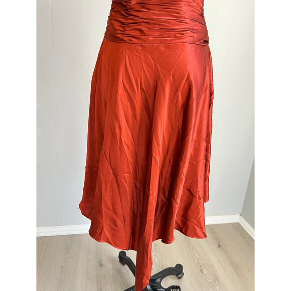 Vintage Y2K Cache Silk Ruched Dress 4 Burnt Orange Rust Asymmetric Fairy Halter - Picture 7 of 16